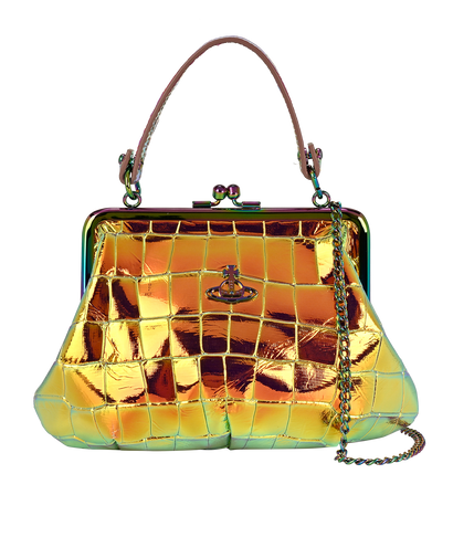 Granny Frame Purse, &pound;180, Handbags, Purple/Yellow, Leather, Front view